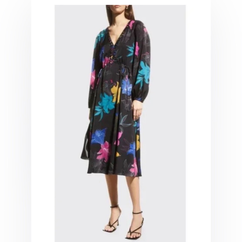Kobi Halperin Alexi Floral Midi Dress Size L Black Multi Empire Waist Pockets
